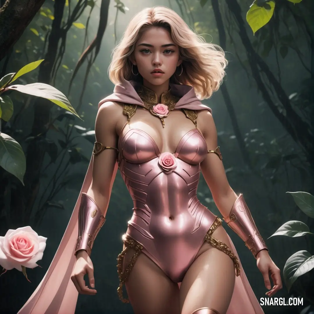 Woman in a pink corset and a rose in a forest with a rose in her hand, Artgerm. Example of #FFB6C1 color.