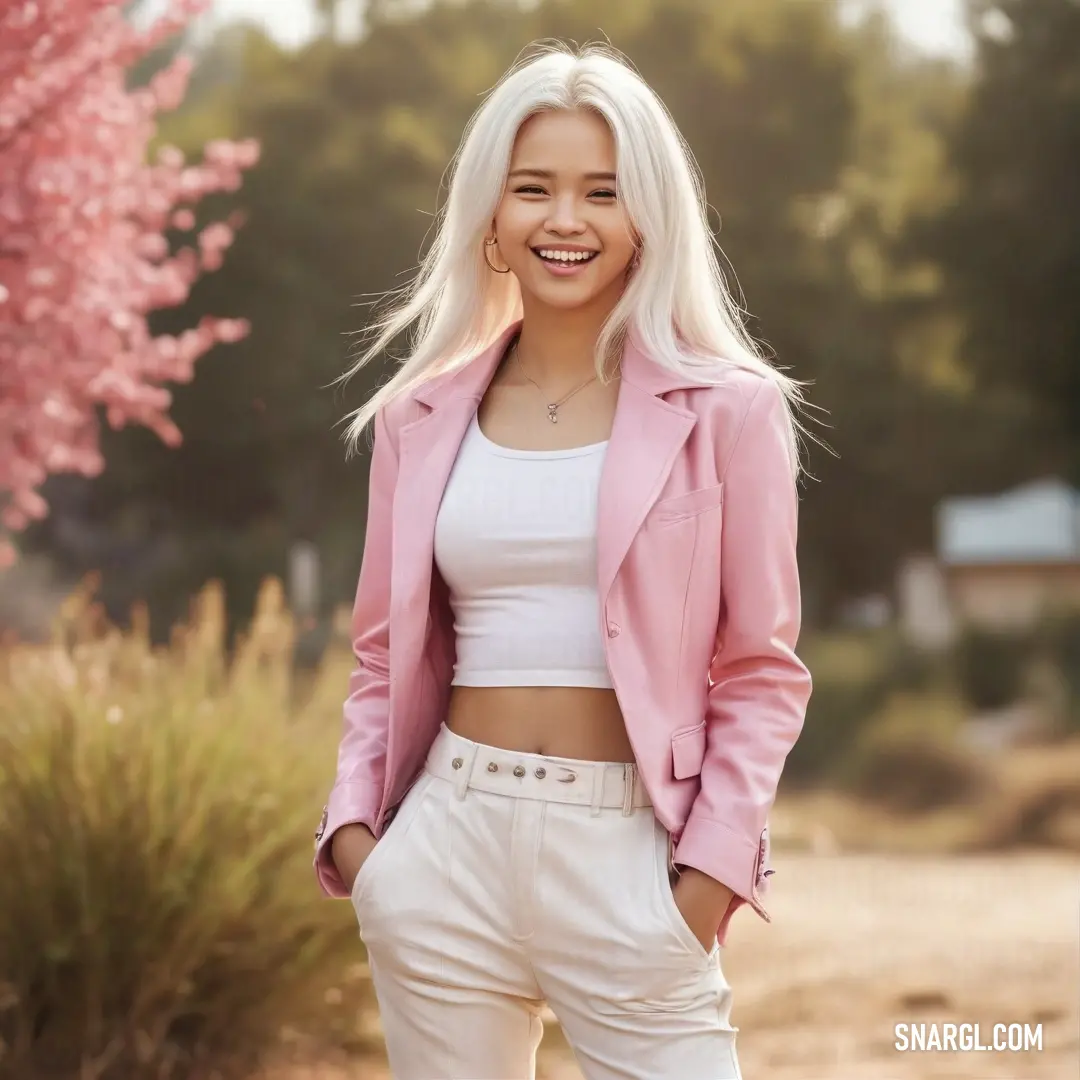 Woman with white hair and a pink jacket smiles at the camera while standing in front of a tree. Color #FFB6C1.