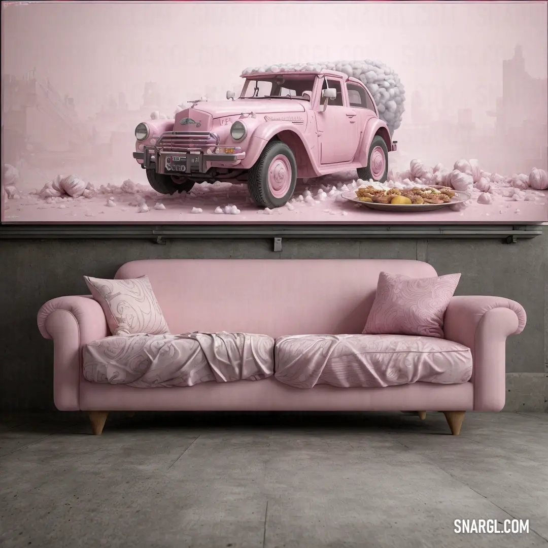 Light pink color. Pink couch in front of a painting of a pink car and a plate of food on a table