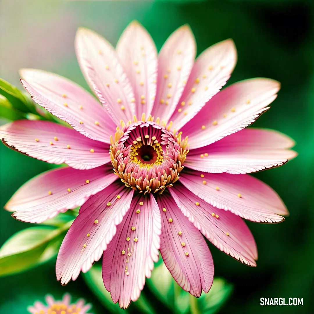 Pink flower with a yellow center surrounded by green leaves and water droplets on it's petals