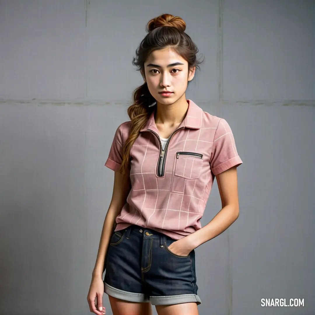 Woman in a pink shirt and blue shorts posing for a picture with a suitcase in front of her. Example of CMYK 0,29,24,0 color.