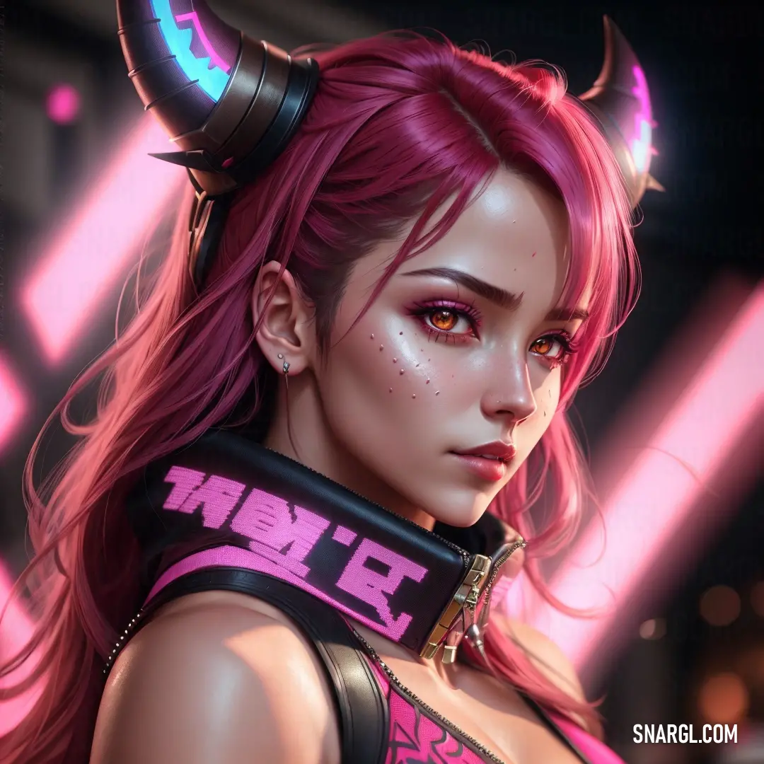 Woman with horns and a pink hair and a black top with a neon light on her face