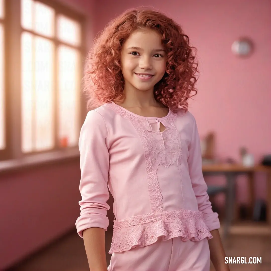 Light pink color example: Young girl with red hair wearing a pink outfit and smiling at the camera