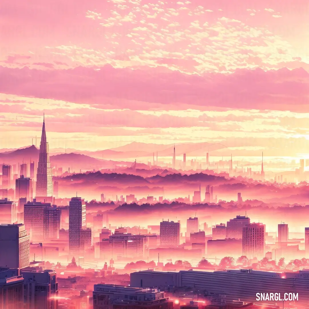 City skyline with a pink sky and clouds in the background and a pink sky with a pink and purple hue