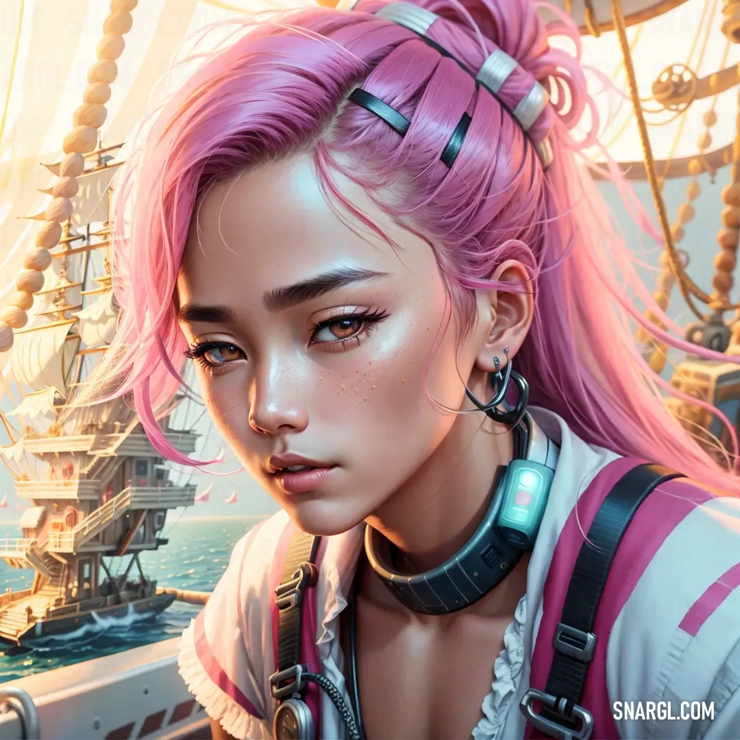 Girl with pink hair and a pink ponytail is standing in front of a ship