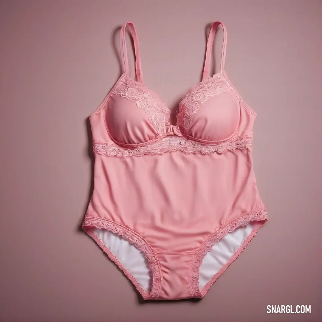Pink bra with white lace on the bottom of it. Example of #FF9999 color.