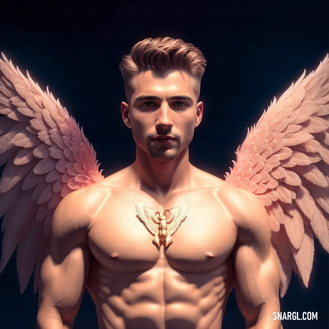 Man with a large pink angel wings on his chest
