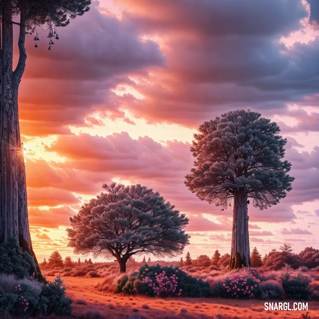 Painting of a sunset with trees and flowers in the foreground and a pink sky in the background