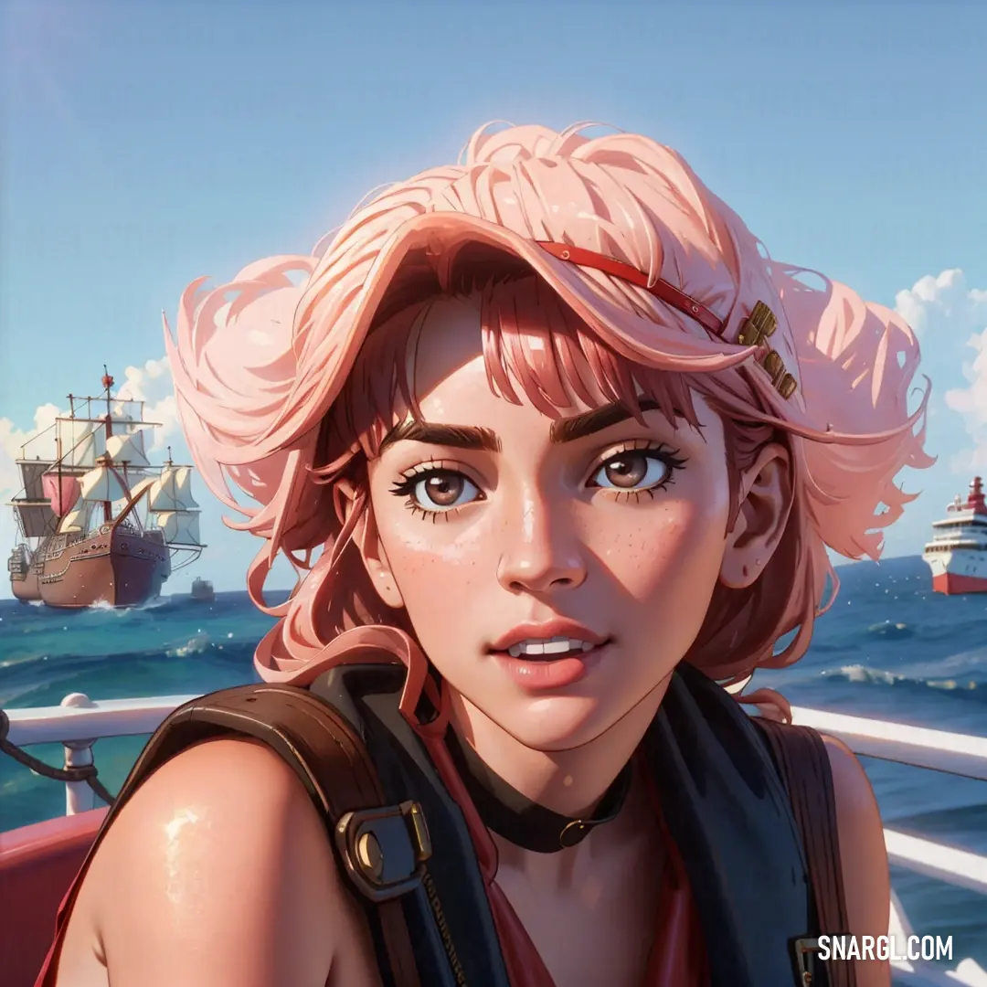 Woman with pink hair and a pirate ship in the background