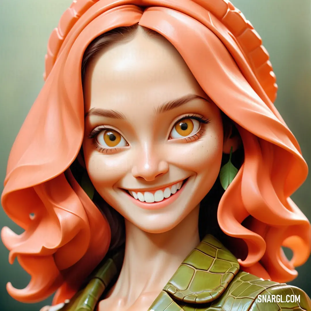 Light salmon color example: Close up of a doll with a red hair and orange eyes and a green jacket on her head