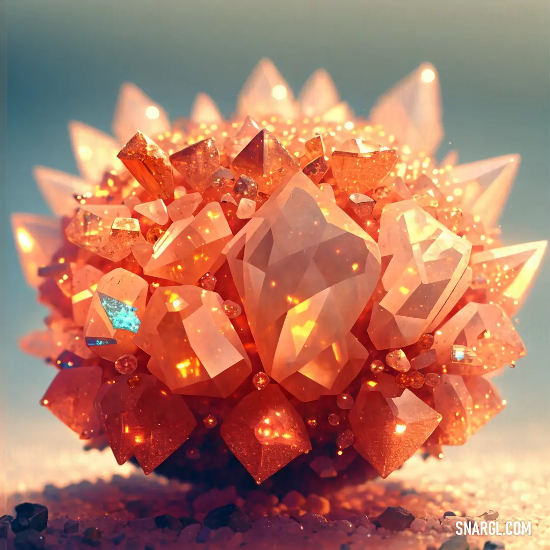 Cluster of orange crystals on a sandy surface with a blue background and a blue diamond in the center