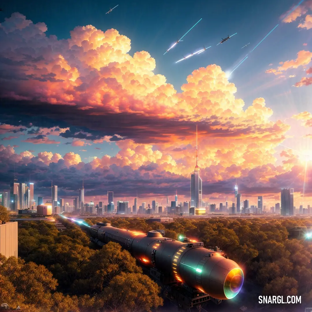 Futuristic city with a rocket ship flying over it and a sunset in the background with clouds and a plane