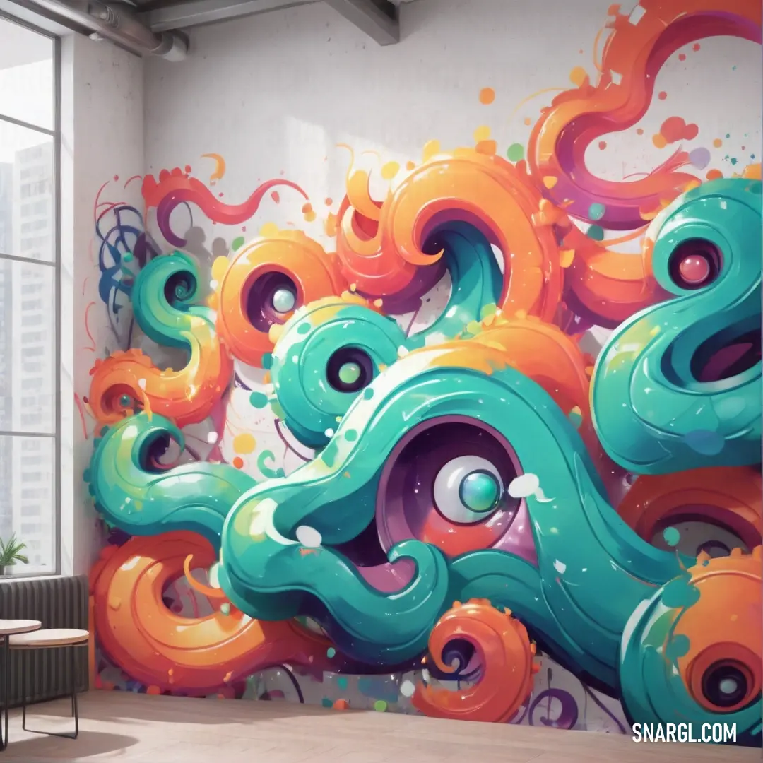 Large mural of colorful waves on a wall in a room with a large window and a chair in front of it. Color #FFA07A.