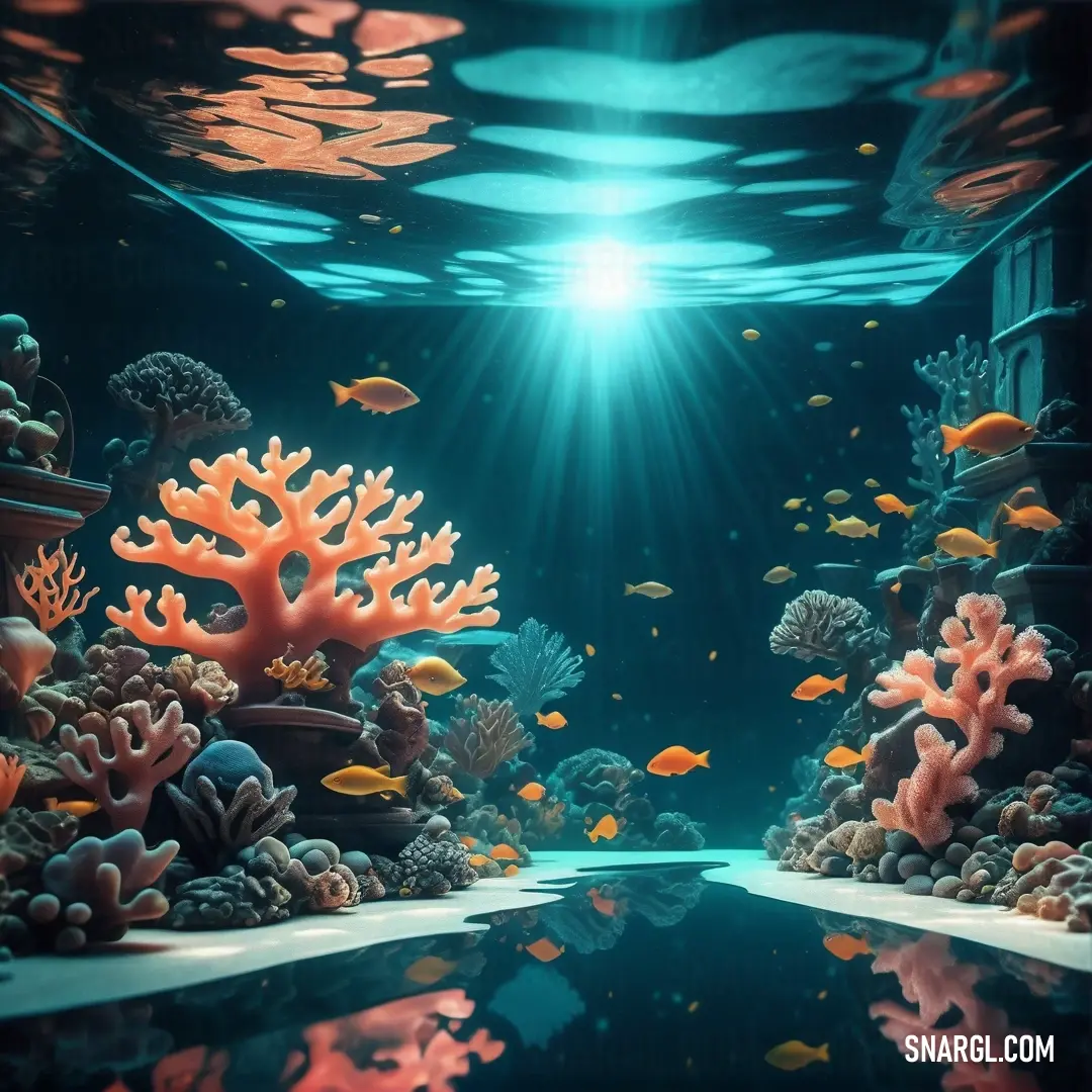 Painting of a coral reef with fish and sunbeams in the background with a bright light coming from the water. Color Light salmon.