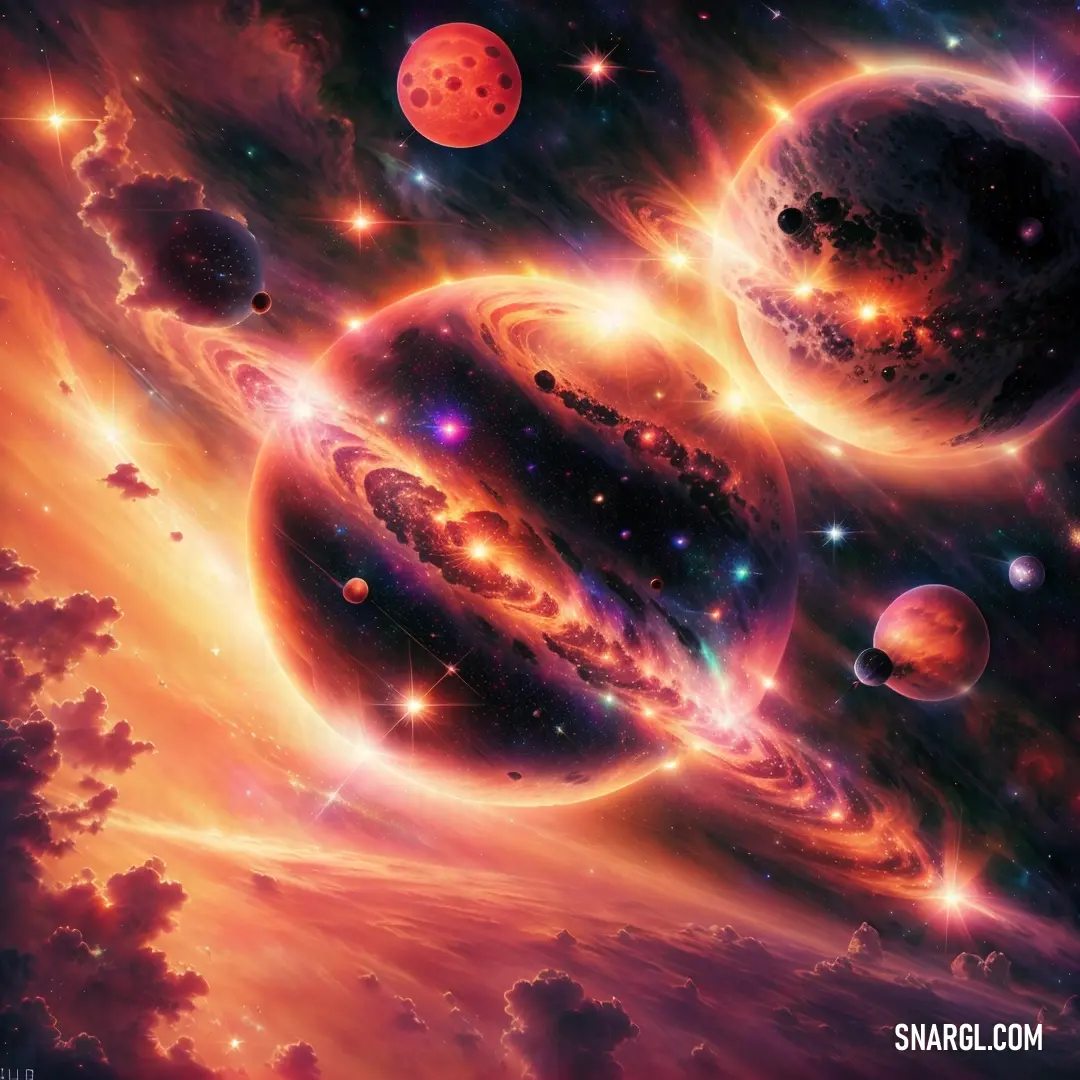 Painting of a group of planets in the sky with stars and clouds around them