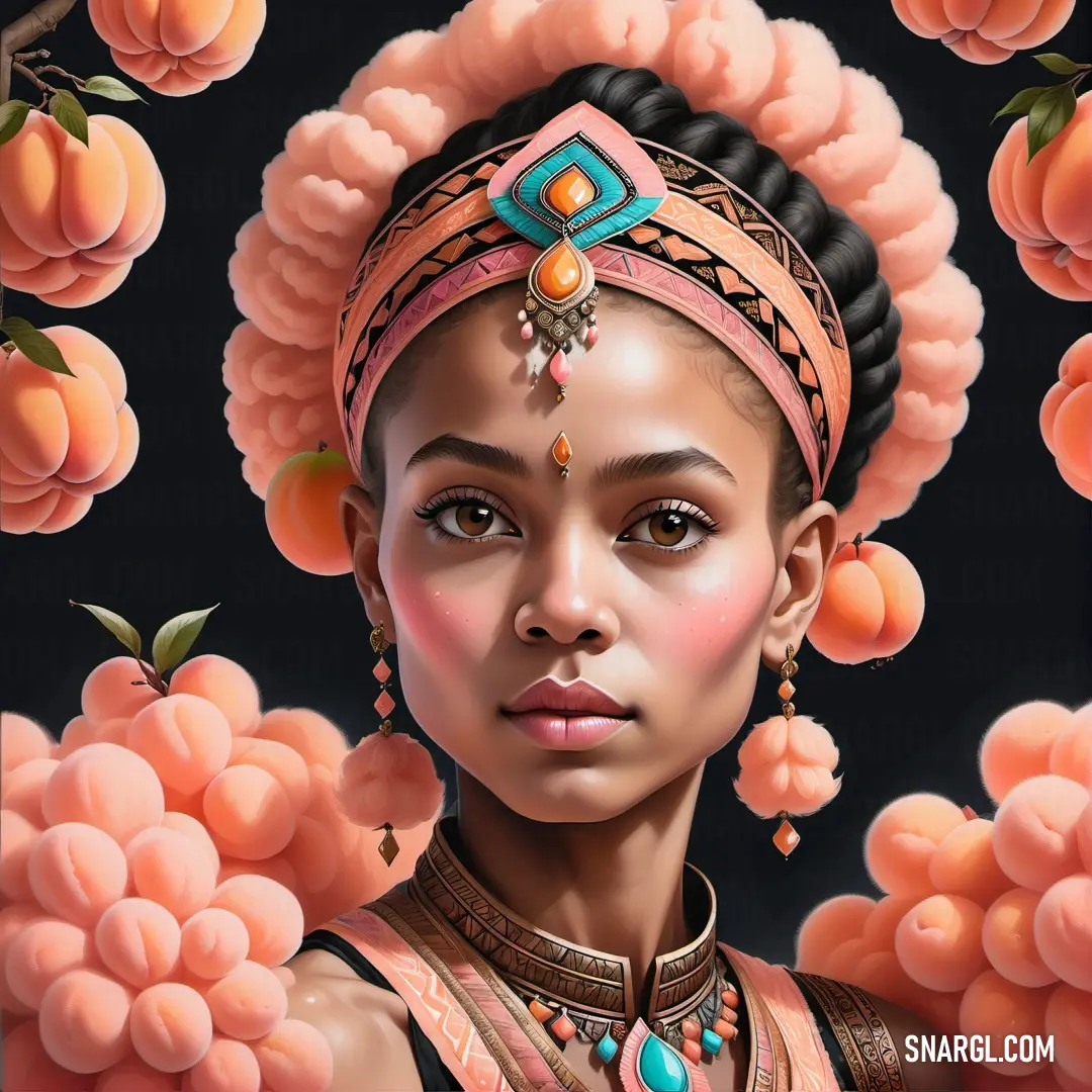 Light salmon color example: Painting of a woman with a head piece and jewelry on her head and peaches around her neck