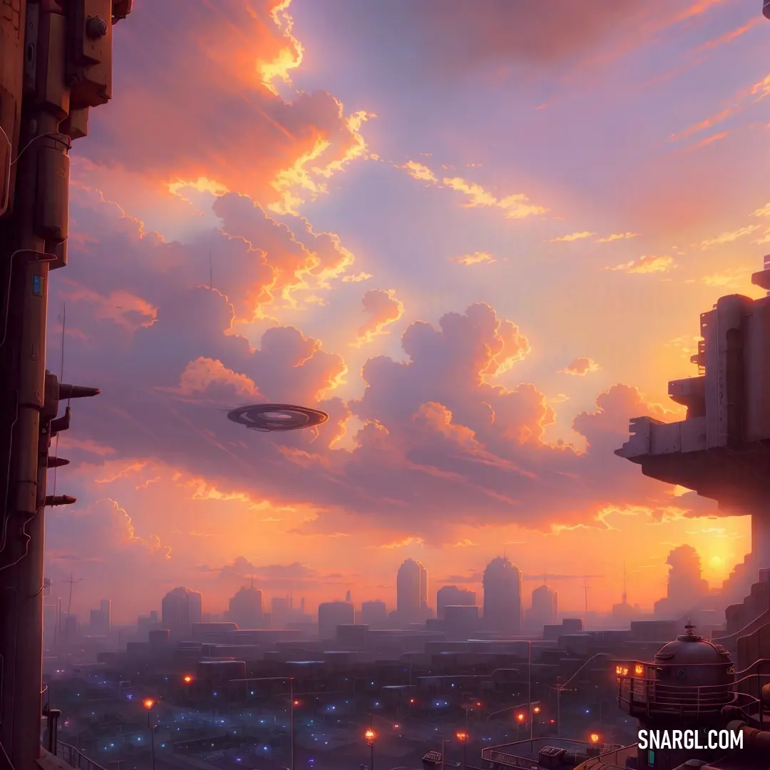 Picture of a sunset with a flying object in the sky above it and a city in the distance