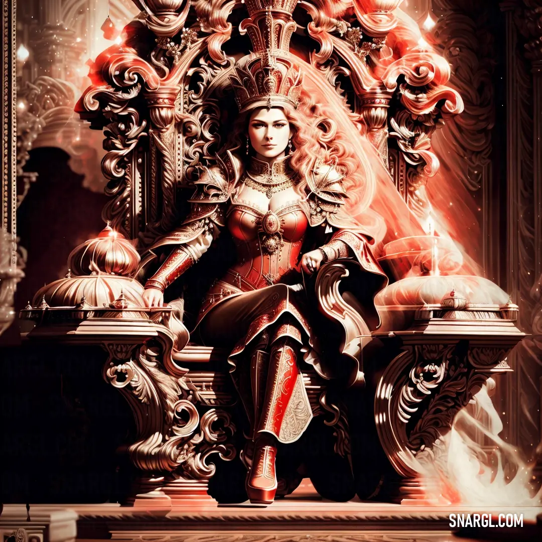 Statue of a woman on a throne with a red light shining on her face and hands behind her