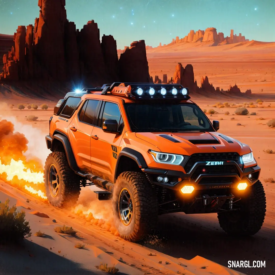 Truck with lights on driving through the desert with rocks and sand in the background and a star filled sky