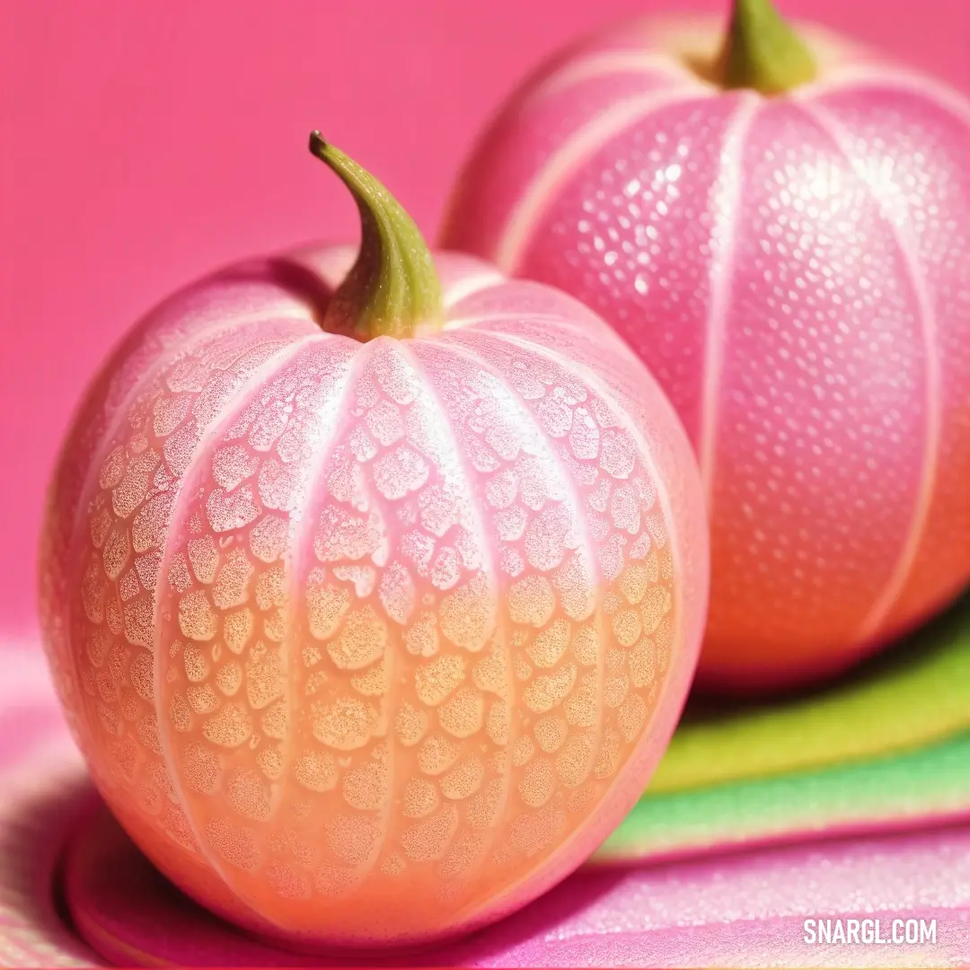 Two pink pumpkins with water drops on them on a pink background with a green border around them