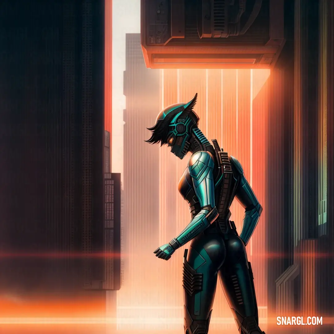 Woman in a futuristic suit standing in a city street with a futuristic city in the background and a neon light