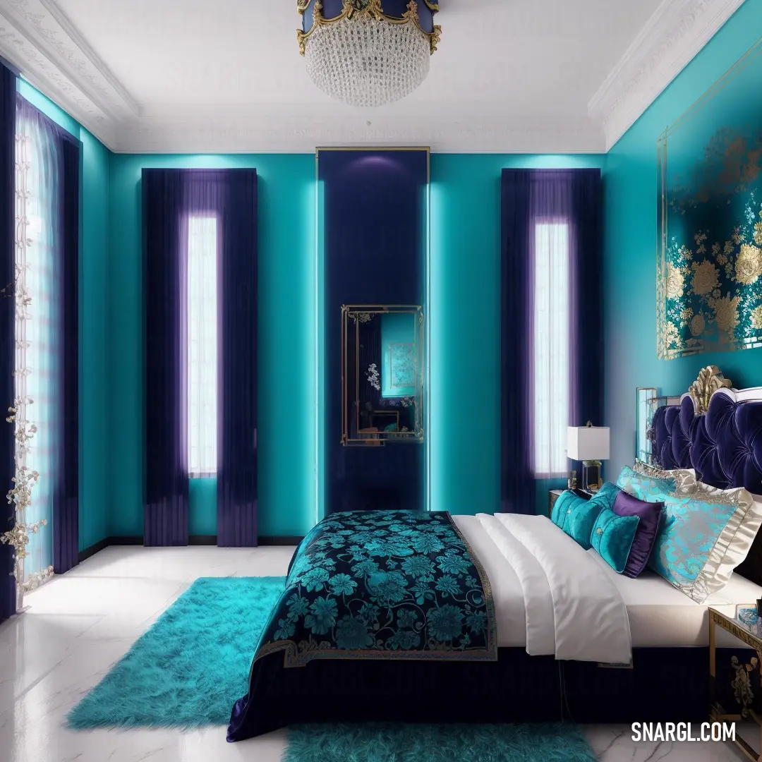 Bedroom with a blue and purple color scheme and a chandelier hanging from the ceiling and a bed with a blue