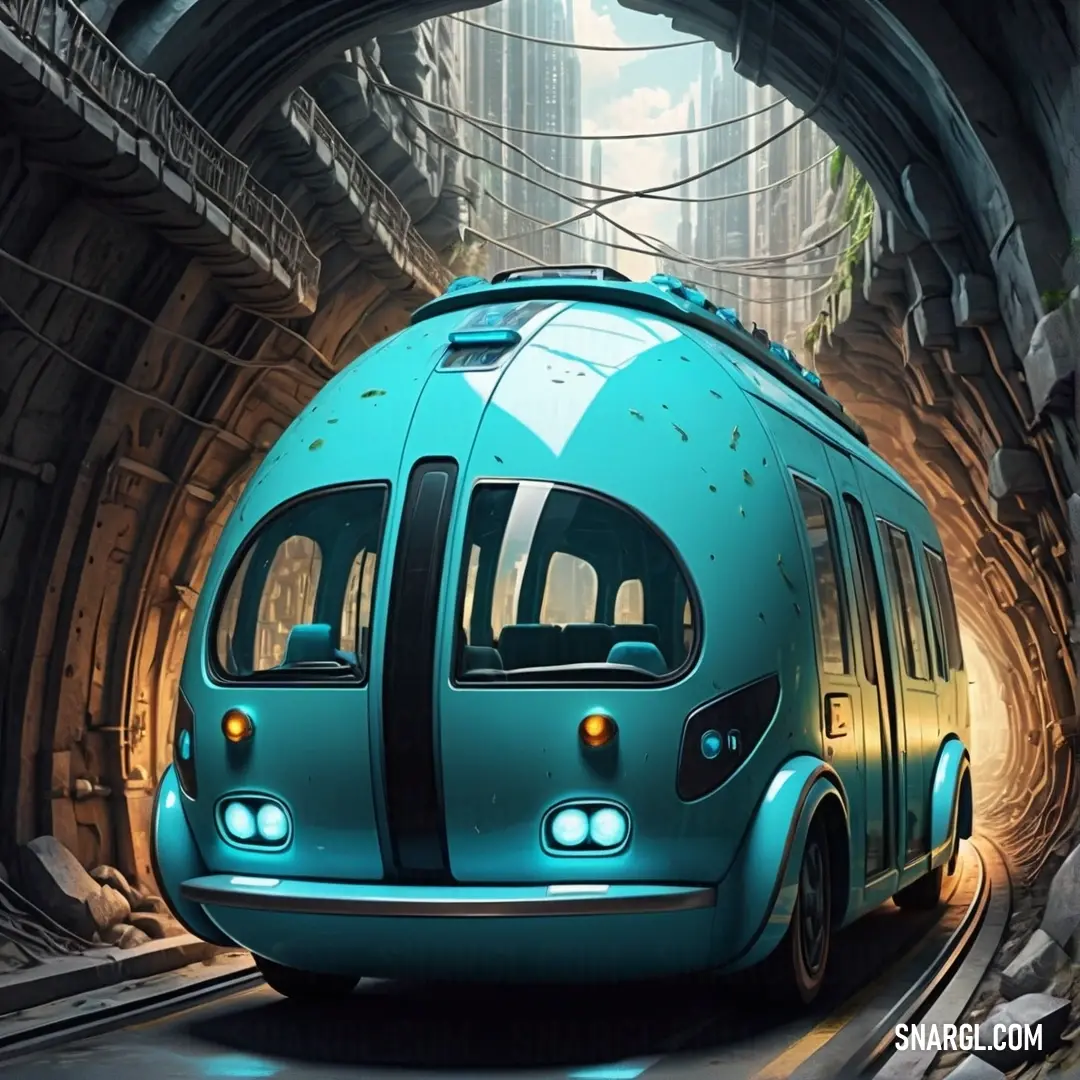 Blue bus driving through a tunnel with a sky background. Color RGB 32,178,170.