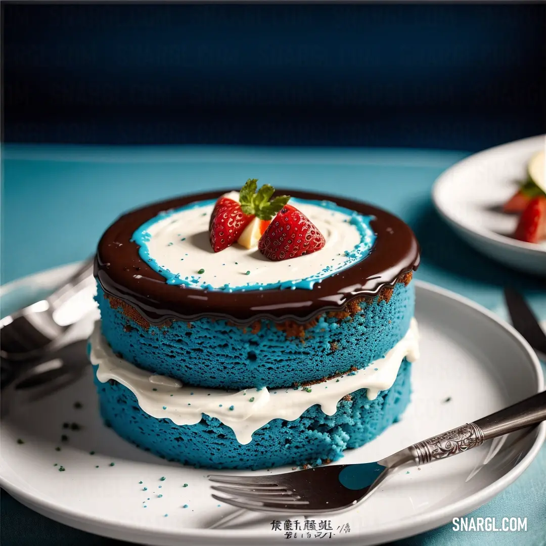 Blue cake with chocolate and strawberries on top of it on a plate with a fork and knife