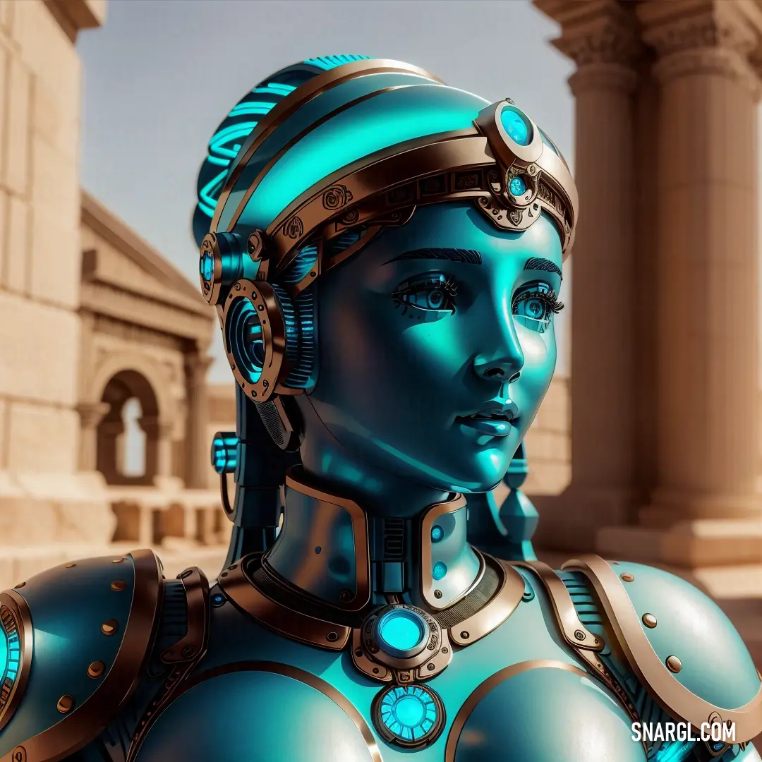 Blue robot woman with a helmet and a blue light on her face and chest