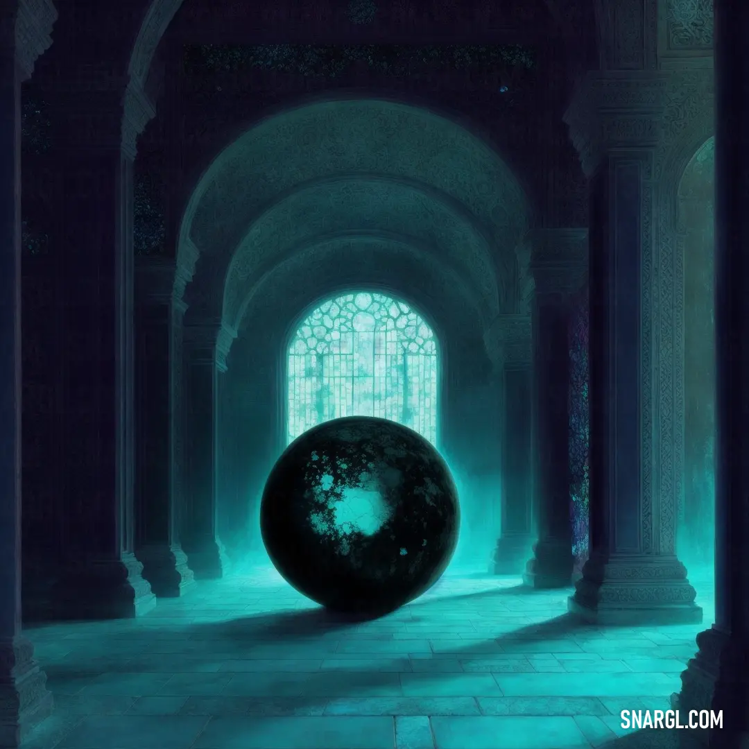 Large black ball in a room next to a window with a stained glass window behind it and a stone floor