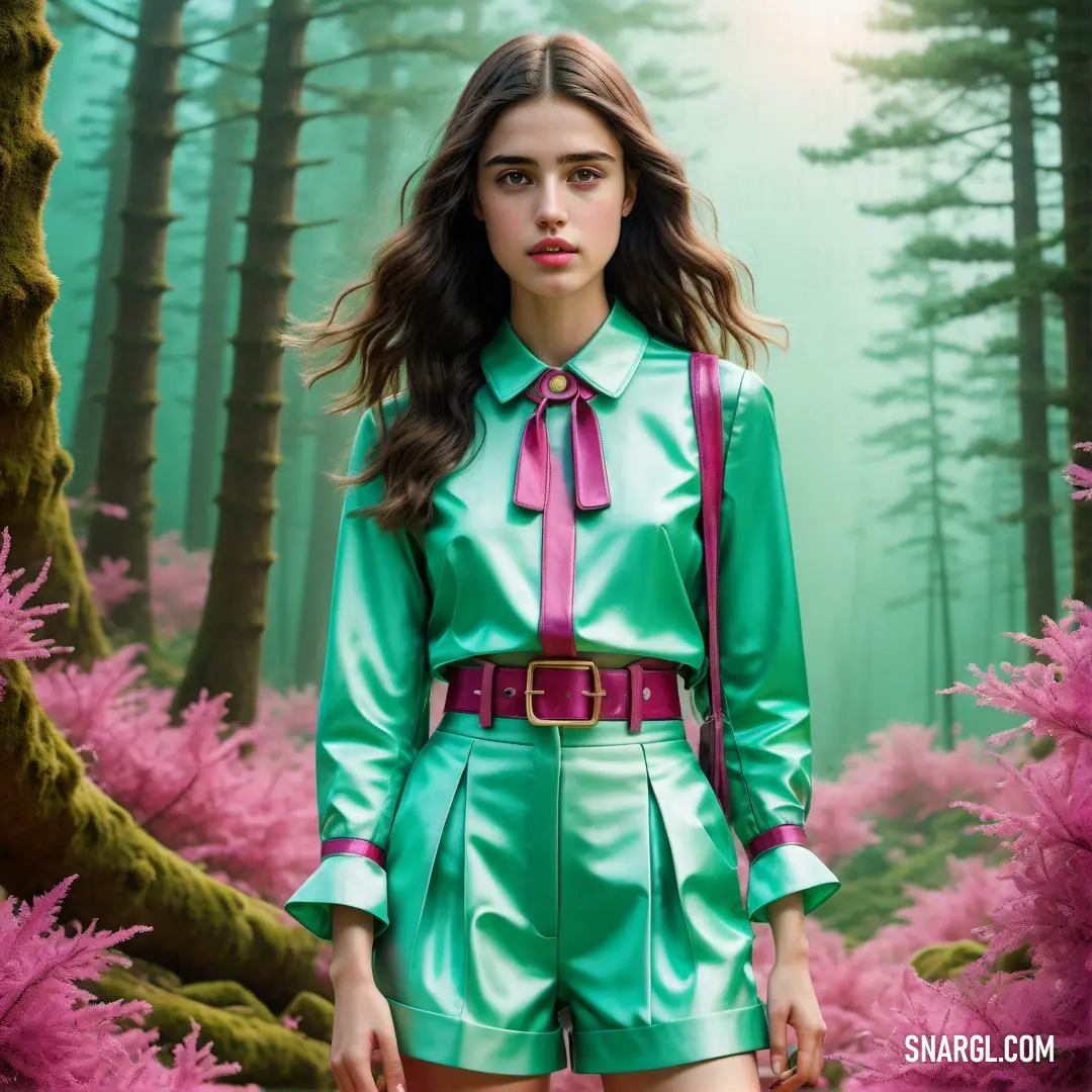 Woman in a green outfit standing in a forest with pink flowers and trees in the background. Example of #20B2AA color.