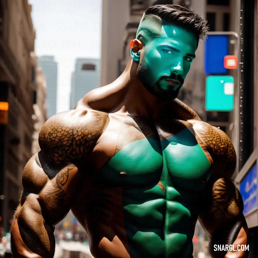 Man with a green and black body and a beard and a piercing on his ear and chest