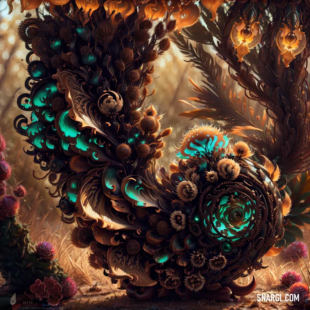 Painting of a peacock surrounded by flowers and plants in a forest with a blue light coming from its eye