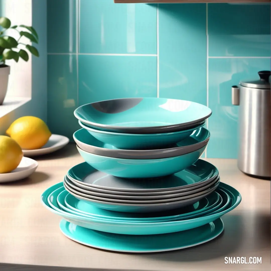 Stack of plates on top of a counter next to a potted plant and a cup of coffee. Color CMYK 82,0,4,30.