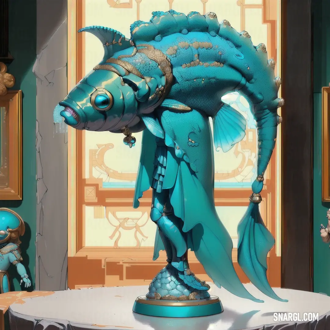 Statue of a fish with a man in a suit on it's head and a mirror behind it
