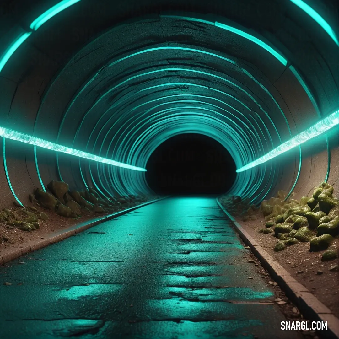 Tunnel with a long pathway going through it with green lights on the side of it. Example of #20B2AA color.