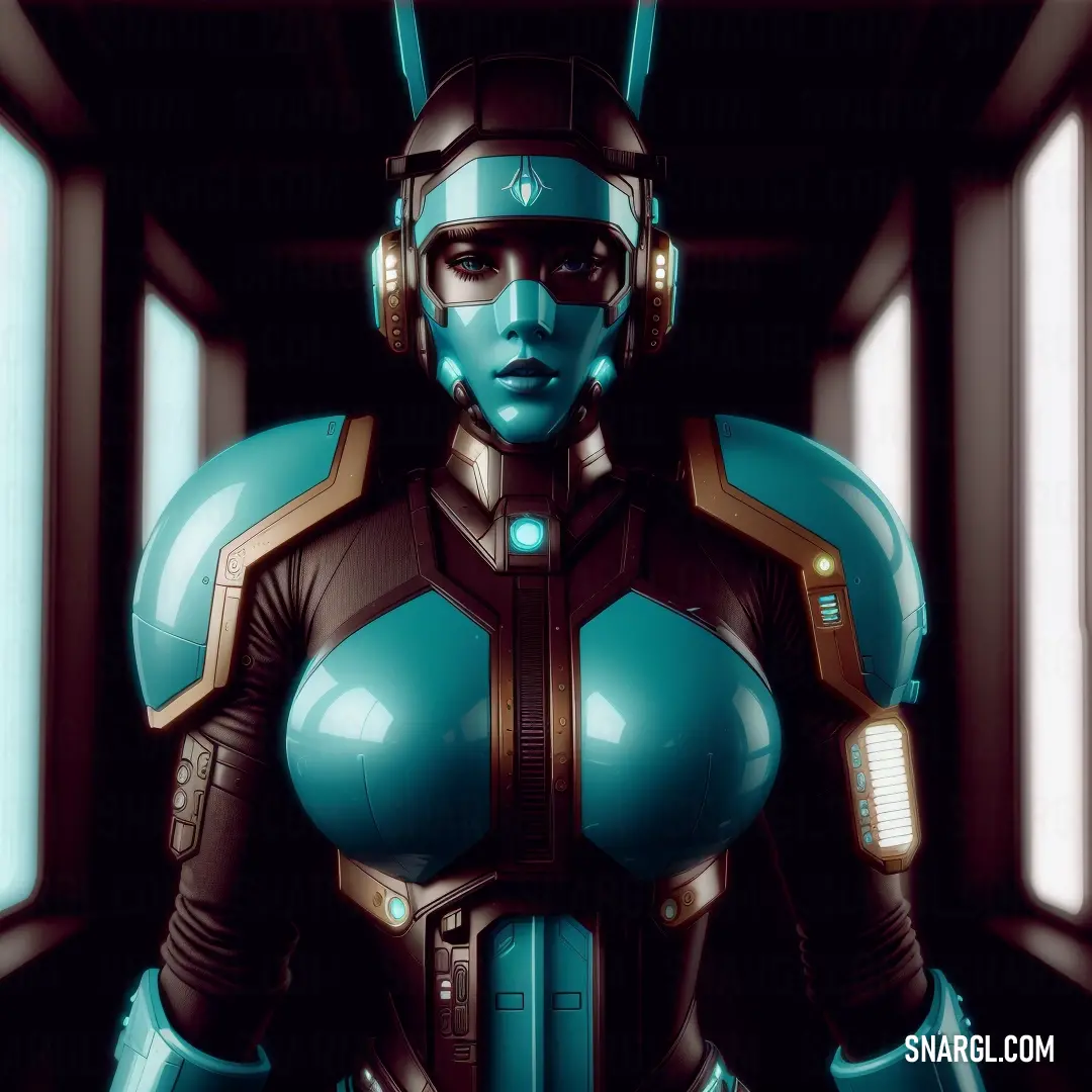 Woman in a futuristic suit with headphones on her head and a blue body with a helmet on