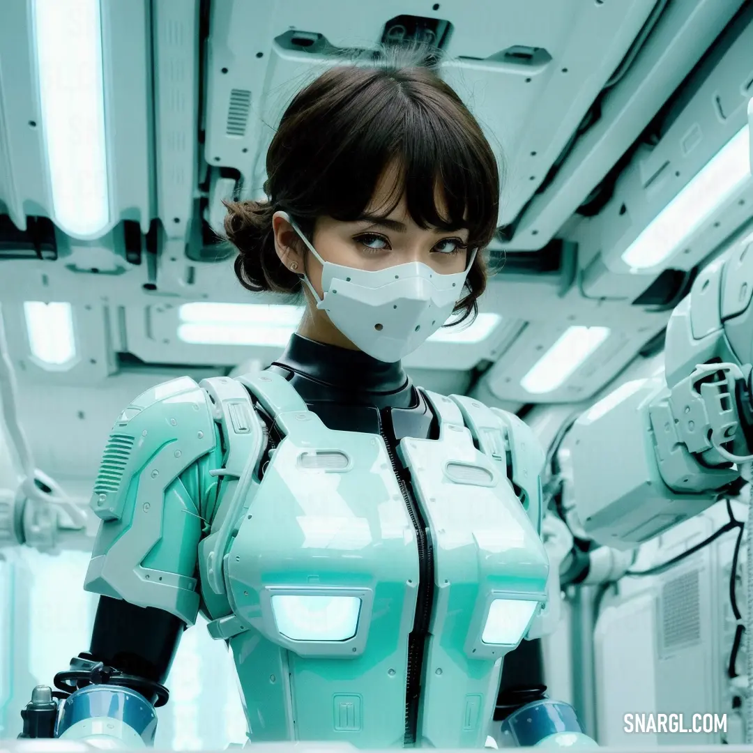 Woman in a futuristic suit with a mask on her face and a sci - fi