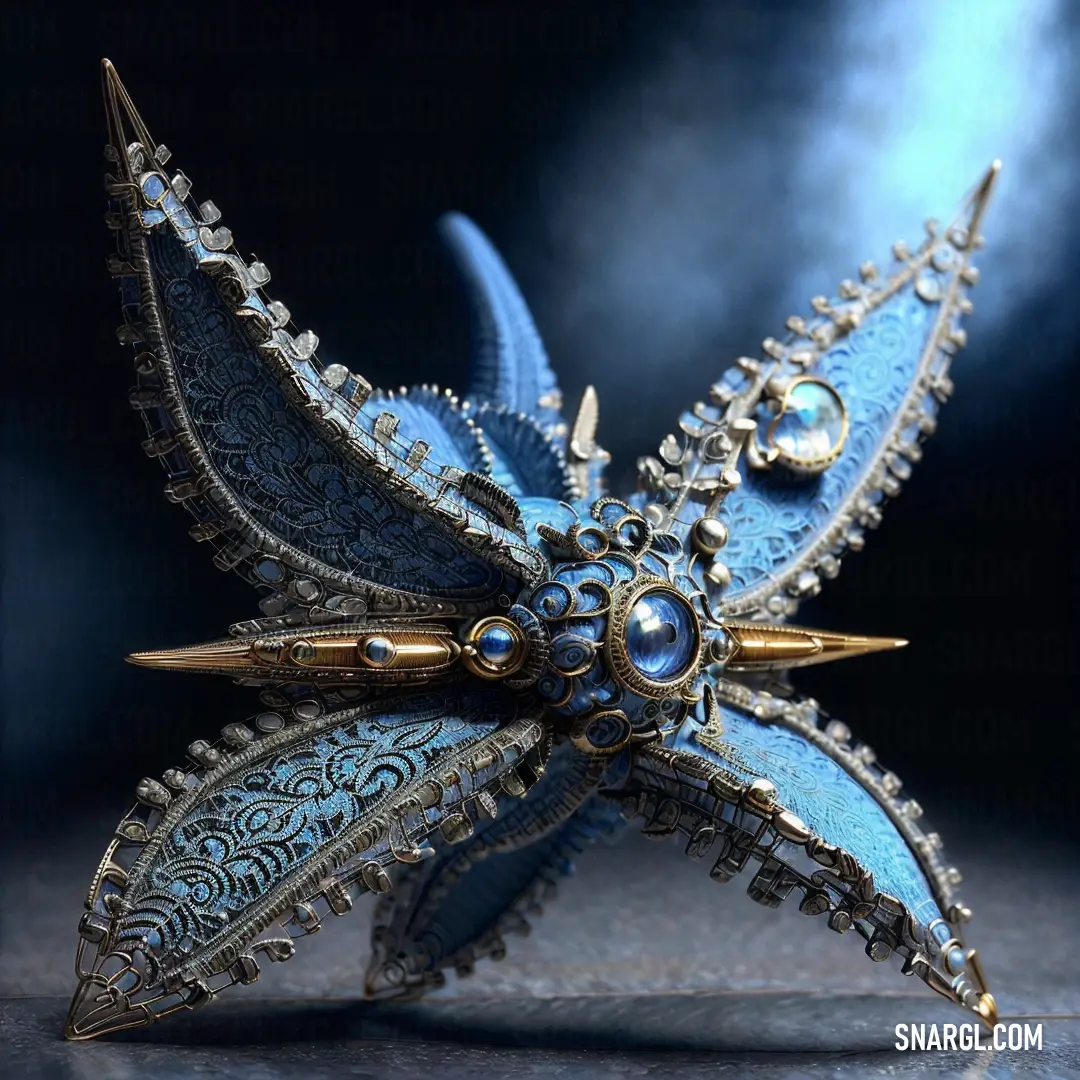 A blue and gold brooch with a star-shaped design gleams on a dark background, showcasing intricate detailing and a sophisticated color combination. The light blue accent adds a soft touch to the bold gold, making the piece truly eye-catching.