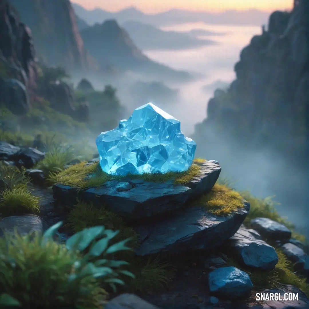 A striking blue rock rests atop a lush green hillside, surrounded by mist-covered mountains. The peaceful scene evokes a sense of serenity, as the blue of the rock contrasts beautifully with the green landscape and the soft fog in the distance.