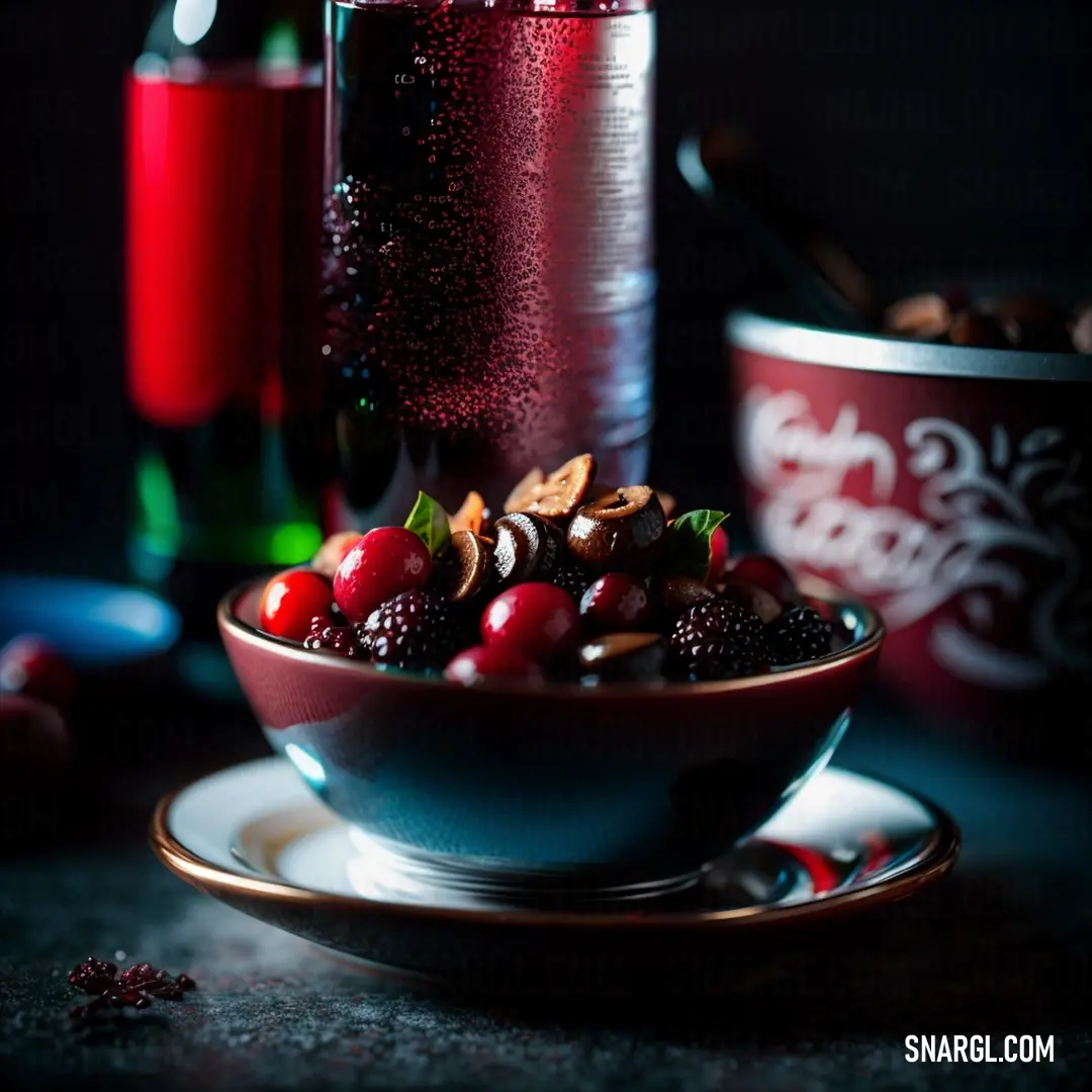 A vibrant bowl filled with fresh berries and crunchy nuts, accompanied by a bottle of rich wine in the background. The soft blue hue of the setting enhances the refreshing and indulgent mood of the scene.