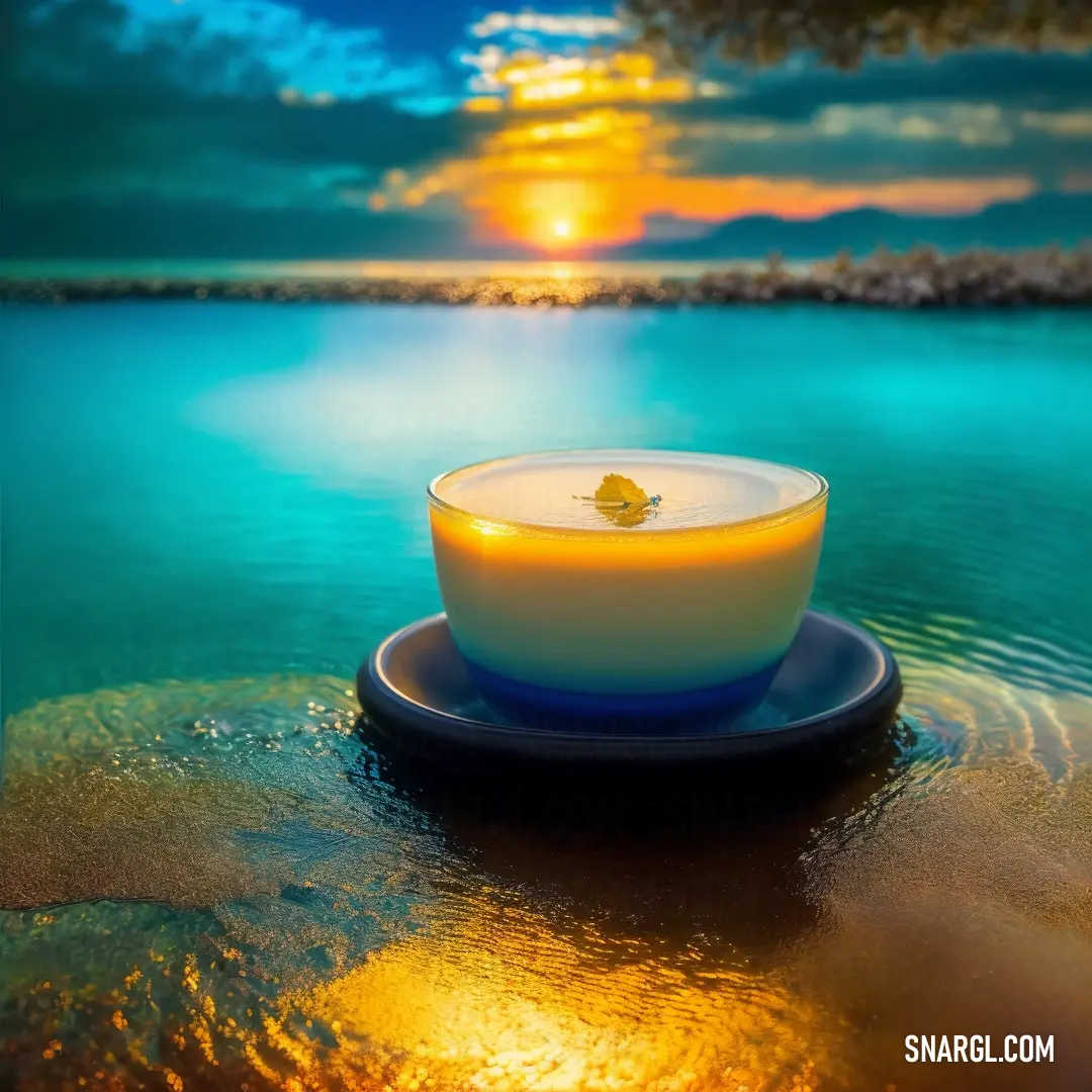 A light sky-blue hue contrasts beautifully with a bowl of food placed on a plate, set against the backdrop of a beach at sunset. The warm, glowing colors of the setting sun create a peaceful and inviting atmosphere, perfect for enjoying a meal by the ocea