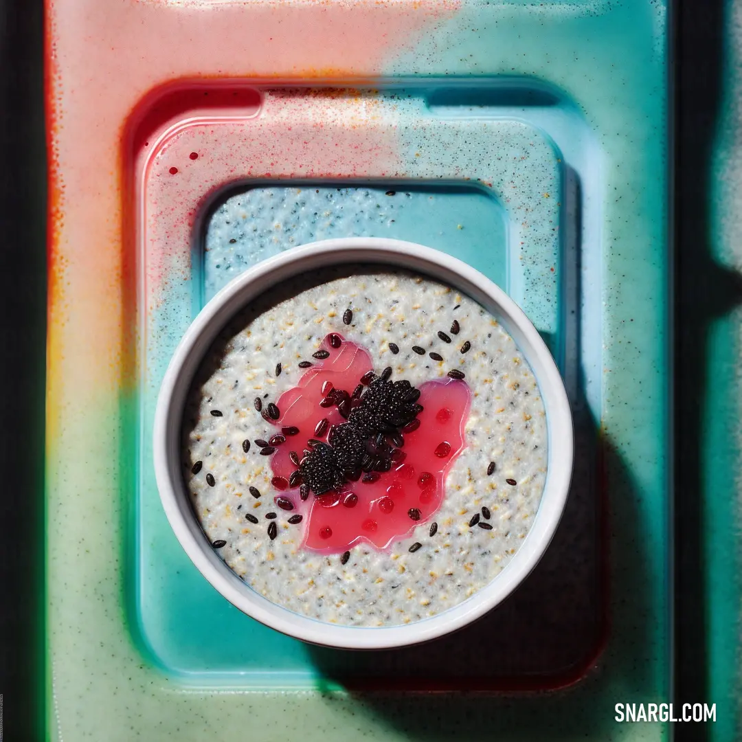 A serene bowl of oatmeal topped with a heart-shaped piece of fruit, resting on a wooden tray. The soft blue sky in the background adds a calming touch to this wholesome breakfast scene.