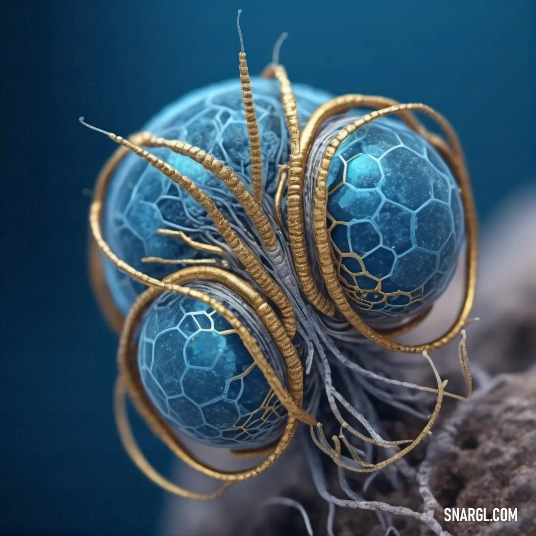 A close-up of a blue ball adorned with a delicate gold wire on its side. The vibrant contrast of blue and gold, with a CMYK color balance of 46,18,0,2, creates an elegant and dynamic visual effect.