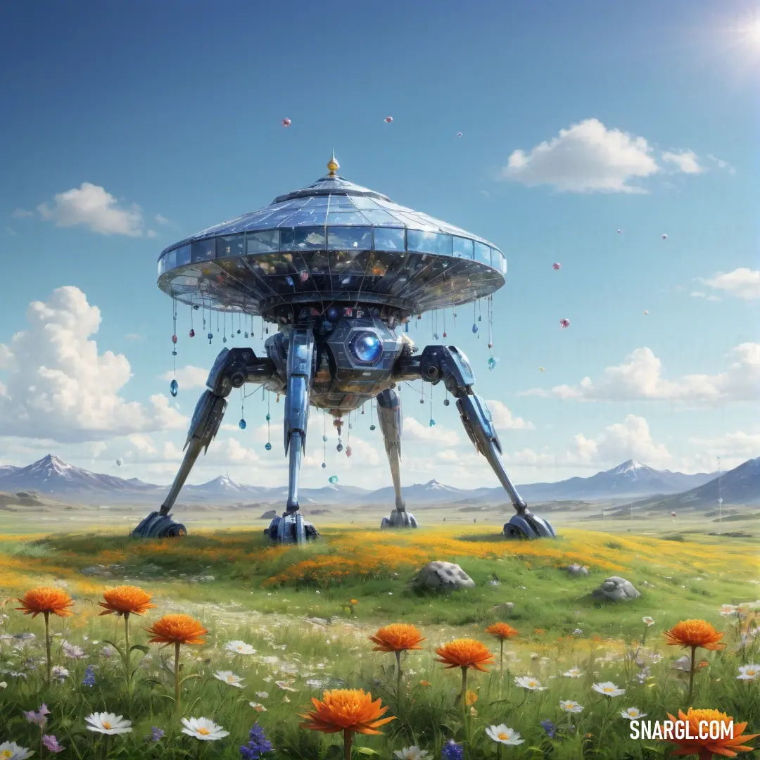 A futuristic building rises in the center of a sprawling field, where a giant mechanical spider roams. The distant mountains create a dramatic backdrop, blending technology and nature in an imaginative, otherworldly scene.