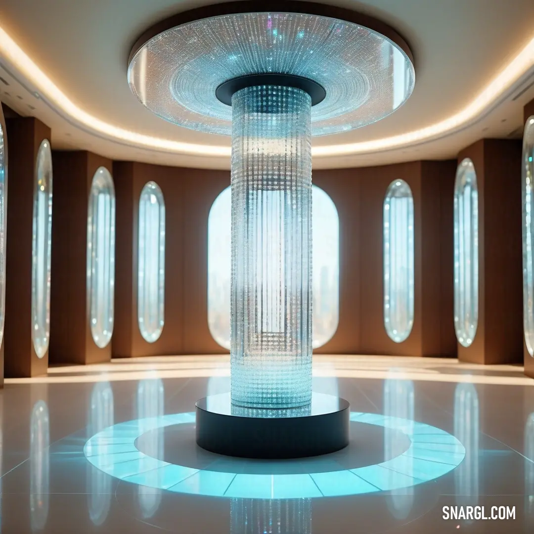 Futuristic room with a circular light fixture and circular windows in the ceiling. Color RGB 135,206,250.