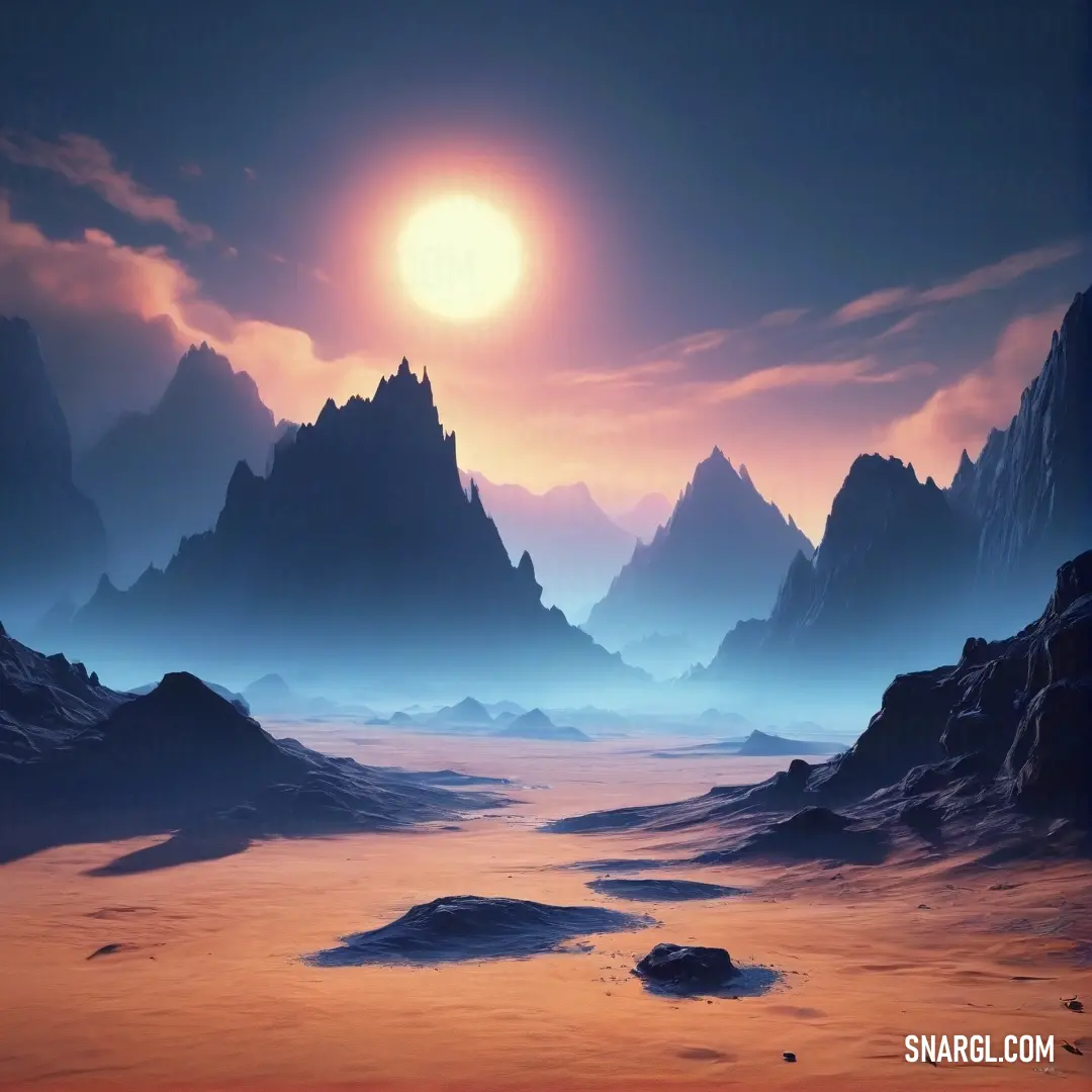 A breathtaking landscape featuring towering mountains with a glowing sun hanging in the sky, casting warm light across the rocky terrain. The scene is alive with nature’s beauty, accentuated by vivid, earthy tones.