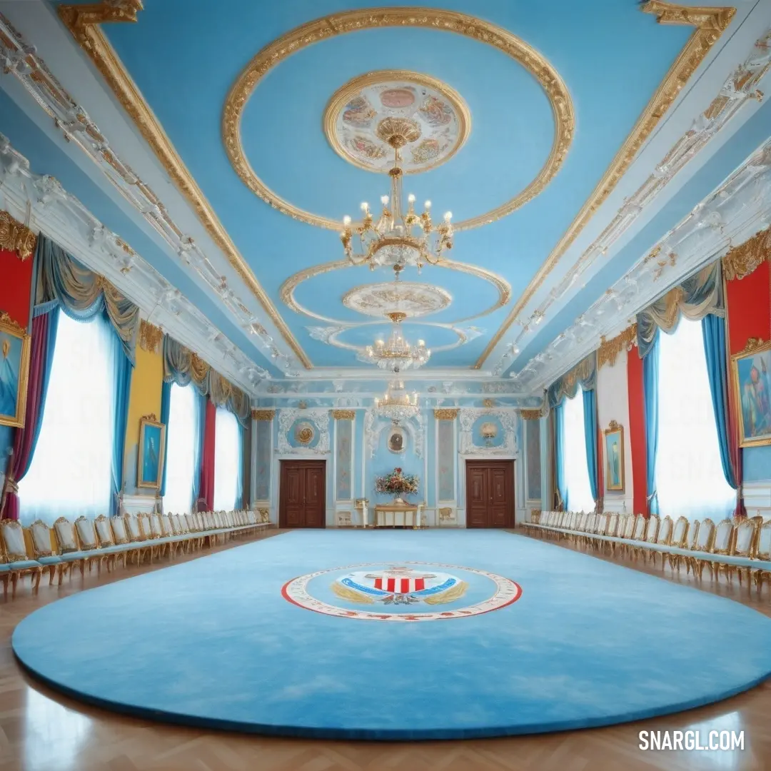 Light sky blue color example: Large room with a blue carpet and chandelier in it's center area with chairs around it