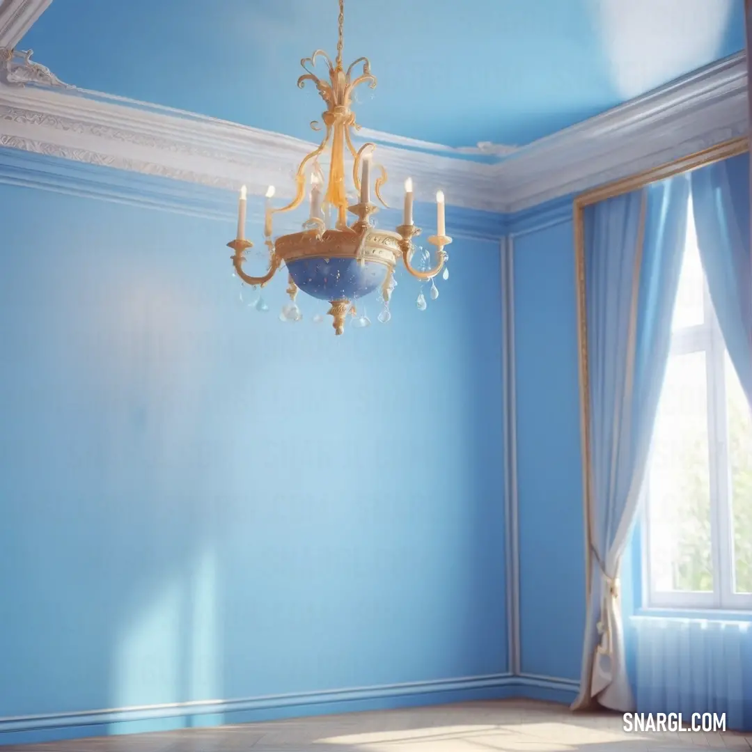 Chandelier hanging from a ceiling in a room with blue walls and curtains and a chandelier. Color Light sky blue.