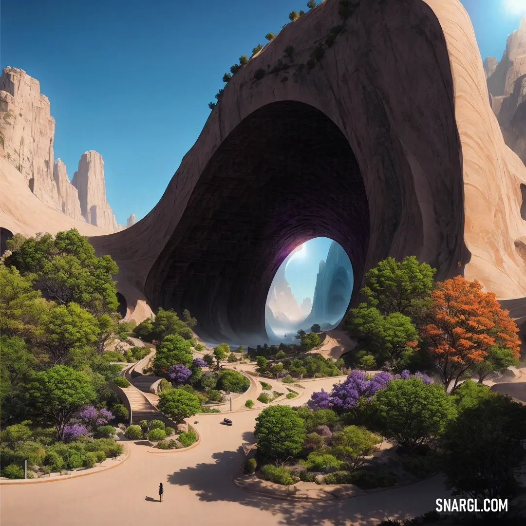 A futuristic landscape where a tunnel cuts through the landscape, lined with trees that create a contrast between nature and technology. The soft, sky-blue light bathes the scene, evoking a sense of wonder and exploration.